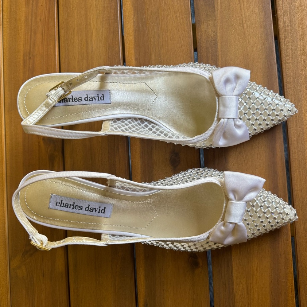 Charles David Cream Slingback Heels with Bow